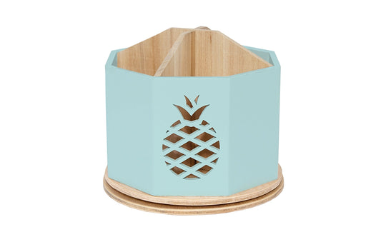 4-Compartment Mint Blue Wooden Rotating Pencil Holder