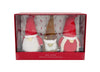 Load image into Gallery viewer, Frontal angle of the package of the set of 3 Christmas gnomes. The package is red color and has a transparent plastic on the front, permitting to appreciate the pieces within.

