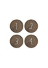 Load image into Gallery viewer, Frontal view of the set of four knobs for doors or drawers. All their elements can be appreciated from this angle: the wooden material, circular shapes, and the numbers 1, 2, 3, and 4 painted on them. The background of the photo is white.
