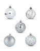 Load image into Gallery viewer, A front-angle picture featuring silver tree ornaments is presented. The image showcases five styles of ornaments arranged in the following order: In the bottom-left part, a fully glittered ornament style is shown, while the bottom-right displays a diamond pattern style. A silver spotted ornament is presented in the center of the image. Finally, the top part shows a faceted pattern ornament on the left, while on the right, a half-glittered and half-slim ornament is shown.

