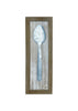 Load image into Gallery viewer, Frontal view of the decorative spoon on wooden frame. From this angle, all its features are visible: The unfinished dark wood frame, the whitewashed panel, the metal spoon and its hammered finish. The background of the picture is white.
