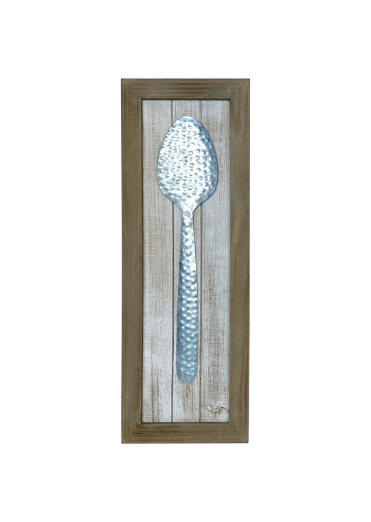 Hammered Metal Large Spoon Wall Decoration on Wooden Frame