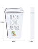 Load image into Gallery viewer, Dimension picture of the &quot;Teach, Love, Inspire&quot; sign. It is presented in a standing position. It shows the sign measures 4.64&quot; in length, 6.69&quot; in height, and 1.46&quot; in depth. The background of the picture is white.
