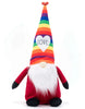 Load image into Gallery viewer, Frontal angle of the Valentine-themed gnome with rainbow-colored hat. In this view, it can be completely appreciated the term &quot;Love&quot; on the hat and the sequin heart on the top.
