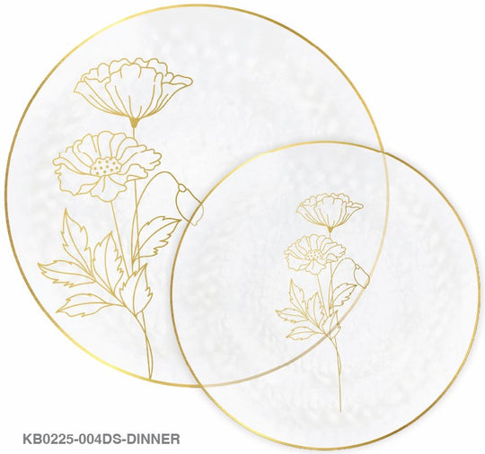 Set of 32 White Plates with Gold-Colored Flower Accents