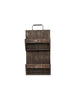 Load image into Gallery viewer, Frontal view of the Rae Dunn letter holder for walls. From this angle, all its key features are visible: the terms &quot;Inbox&quot; and &quot;Outbox&#39; on the front, the distressed dark wood material, the two compartments, and the handle on top. The background of the picture is white.
