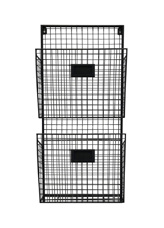 2-Tier Black Wired Wall File Organizer with Label Holders