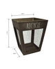 Load image into Gallery viewer, Dimension image of the tapered wooden trash can with mesh inserts. Slightly tilted to the right, the photo displays the dimensions of the item: the top measures 9.85 inches in length, the bottom 6.65 inches in depth, and the height is 11.75 inches. The background of the photo is white.
