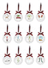 Load image into Gallery viewer, Front angle of the set of 12 white Christmas balls. It is displayed in the following way: A row with four ornaments above, other row with four ornaments in the middle, and a last row with four ornaments below. The background is totally white color. Lastly, in this angle it can be fully appreciated the symbols on it.
