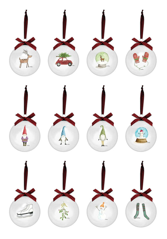 Rae Dunn Set 12 Illustrated White Christmas Balls Ornaments