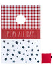 Load image into Gallery viewer, Frontal view of the picnic-themed cornhole board. From this angle, all its features can be noticed:  the red-and-white checkered pattern on the top, the red stripe featuring the term &quot;Play All Day&quot; in white Rae Dunn font, and the white bottom with black star illustrations. To its right, a red bean bag is visible. The background of the picture is white.
