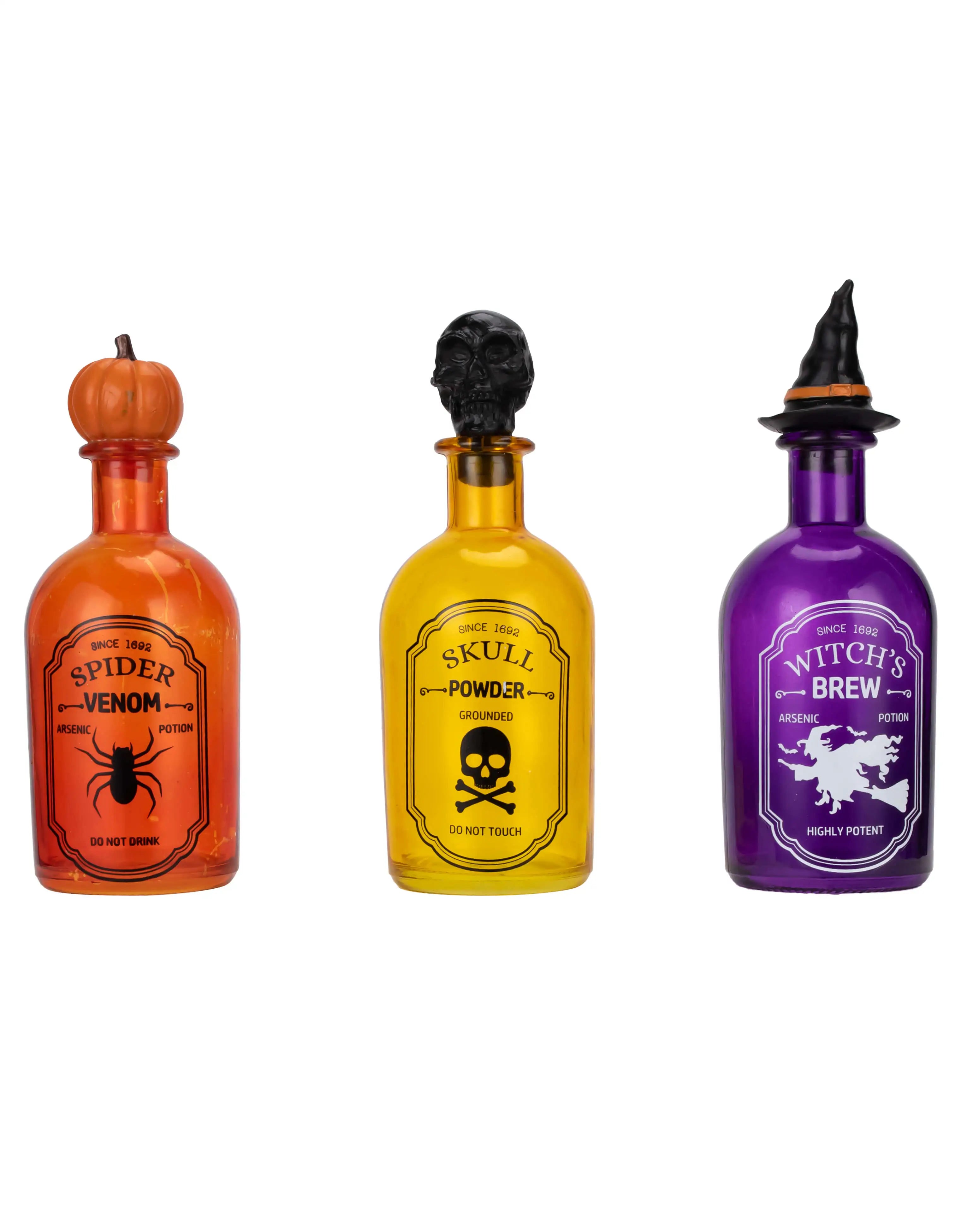 4 Decorative Halloween Potion Bottles With Cork Stopper.