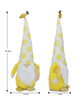 Load image into Gallery viewer, Dimension picture of the lemon-themed gnome. It is presented from both a frontal and a side view. It is shown the gnome measures 10.24 inches in length, 7.09 inches in depth, and 26.38 inches in height. The background of the picture is white.
