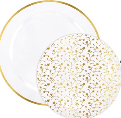 Set of 50 White Plates with Gold-Colored Floral Accents