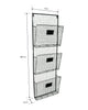 Load image into Gallery viewer, Dimension image of the black wall file organizer, presented from a left perspective. The product dimensions are shown in this picture: 12 inches in length, 3.5 inches in depth, and 38.5 inches in height. The background of the photo is white.
