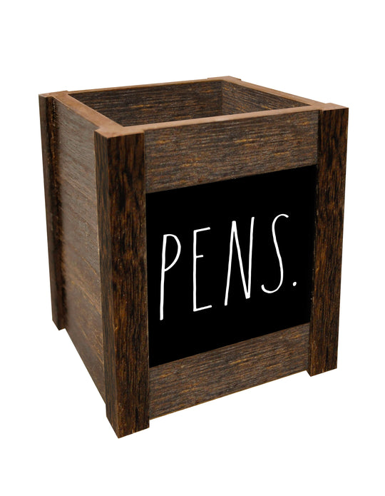 Rae Dunn “Pens” Dark Wooden Squared Pen / Pencil Holder