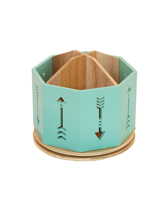 Green Wooden 4 Compartments Rotating Organizer for Small Office Supplies