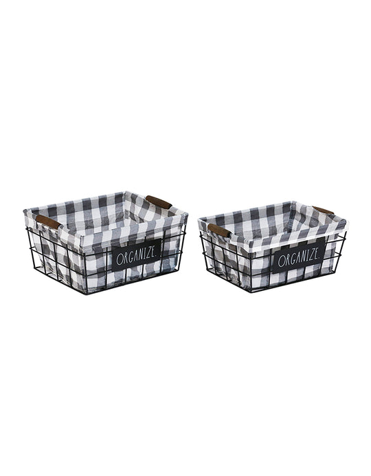 Rae Dunn "Organize" Set 2 Lined Black-White Checkered Basket