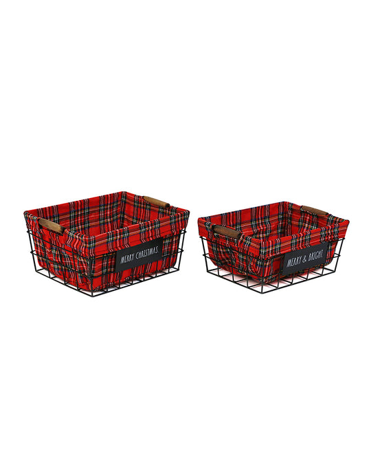 Rae Dunn "Merry & Bright" Red Checkered Lined Black Baskets