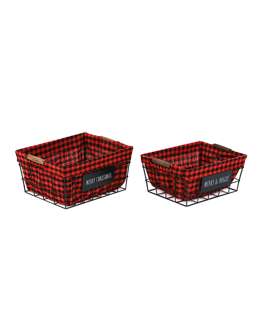 Rae Dunn "Merry Christmas" Red-Black Checkered Metal Basket