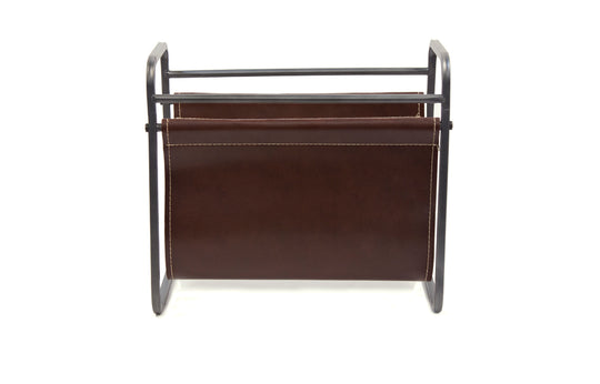 Free Standing Metal Frame Brown Faux Leather Magazine Holder