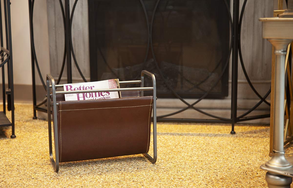 Free Standing Metal Frame Brown Faux Leather Magazine Holder | DesignStyles