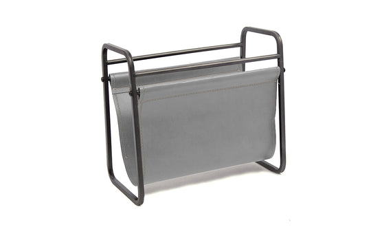 Free Standing Grey Metal and Faux Leather Magazine Holder