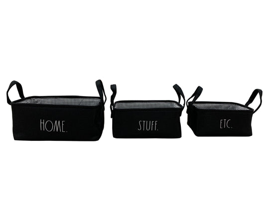 Rae Dunn "Stuff, Home” Set of 3 Black Fabric Storage Bins