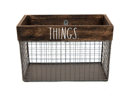 Rae Dunn “Things” Metal Wire Basket with Wooden Top