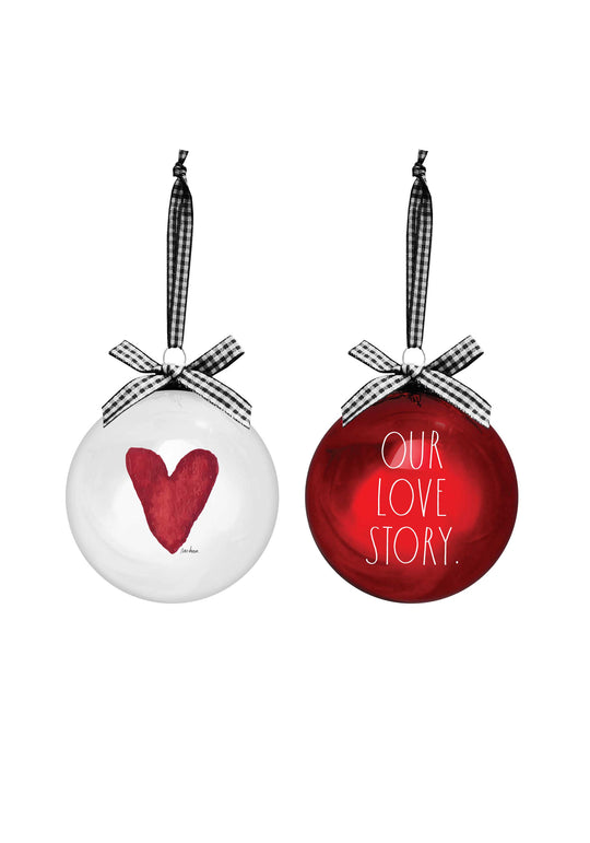 Rae Dunn “Our Love Story” Set of 2 Heart Christmas Ornaments