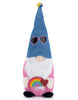 Load image into Gallery viewer, Front angle of the Valentine-themed gnome. In this angle, the rainbow plaque the gnome is holding can be fully appreciated, adorned with a heart on the left side of the rainbow. Lastly, the background of the picture is white.
