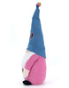 Load image into Gallery viewer, Side angle of the rainbow gnome. From this perspective, it stands out is the contrast between the pink sweater and its blue hat. Lastly, the background of the picture is white.

